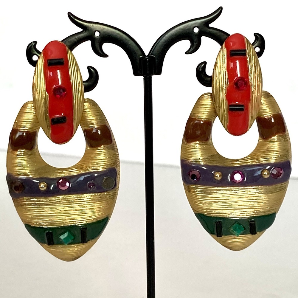Vintage 80s Gold Tone Colorful Door Knocker Earrings Green Red Purple Rhinestone - Picture 2 of 6